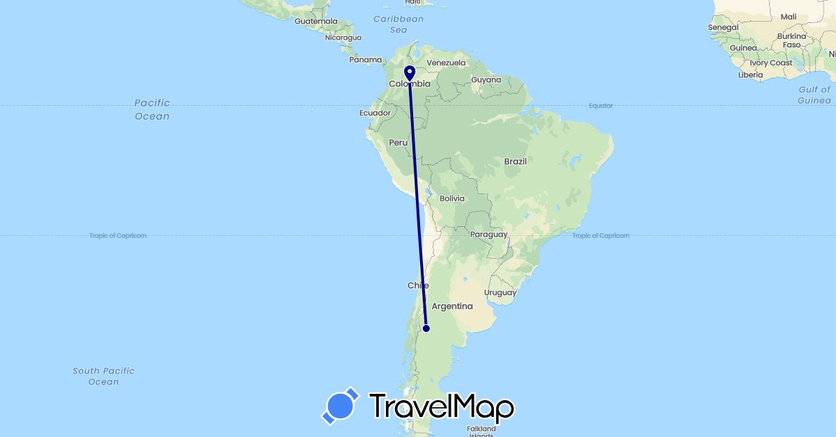 TravelMap itinerary: driving in Argentina, Colombia (South America)